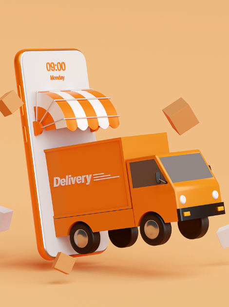 Camión saliendo en tercera dimensión de un celular mostrando la entrega rápida de sus compras