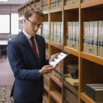 Abogado consultando información en biblioteca para estudiar su maestría en línea en Derecho Penal