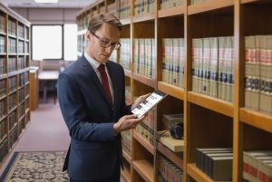 Abogado consultando información en biblioteca para estudiar su maestría en línea en Derecho Penal