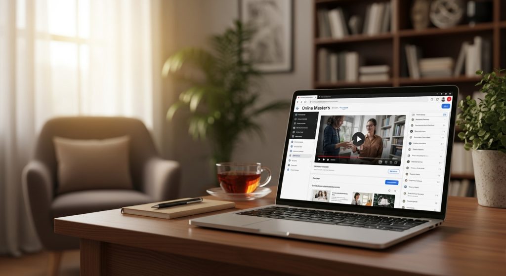 Computadora sobre escritorio de una casa, en la pantalla se ve abierta una plataforma de maestrías online