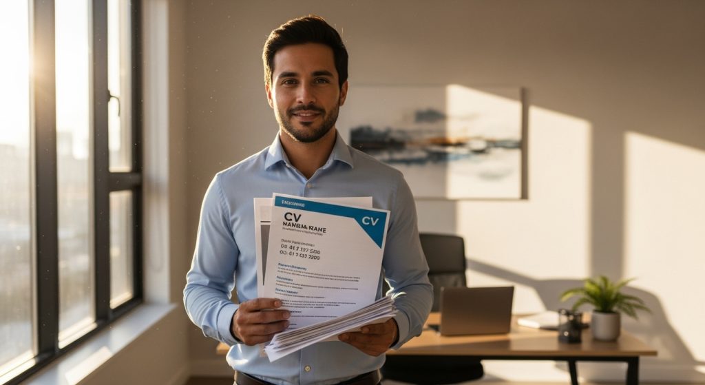 Hombre en una oficina sosteniento un CV y otros documentos para inscribirse a una Maestría